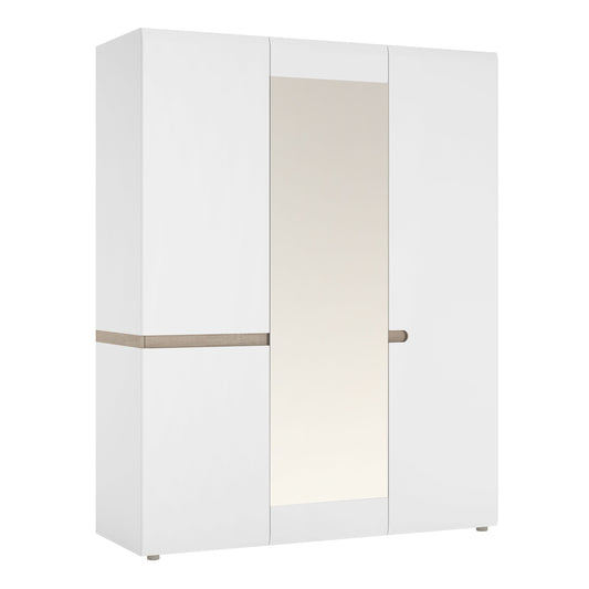 Chelsea Bedroom 3 Door Wardrobe with Mirror in White with a Truffle Oak Trim - NIXO Furniture.com