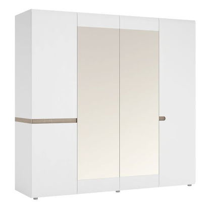 Chelsea Bedroom 4 Door Wardrobe with Mirrors in White with a Truffle Oak Trim - NIXO Furniture.com