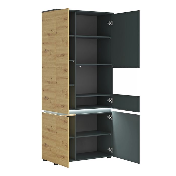 Luci 4 Door Tall Display Cabinet (including LED lighting) in Platinum and Oak - NIXO Furniture.com