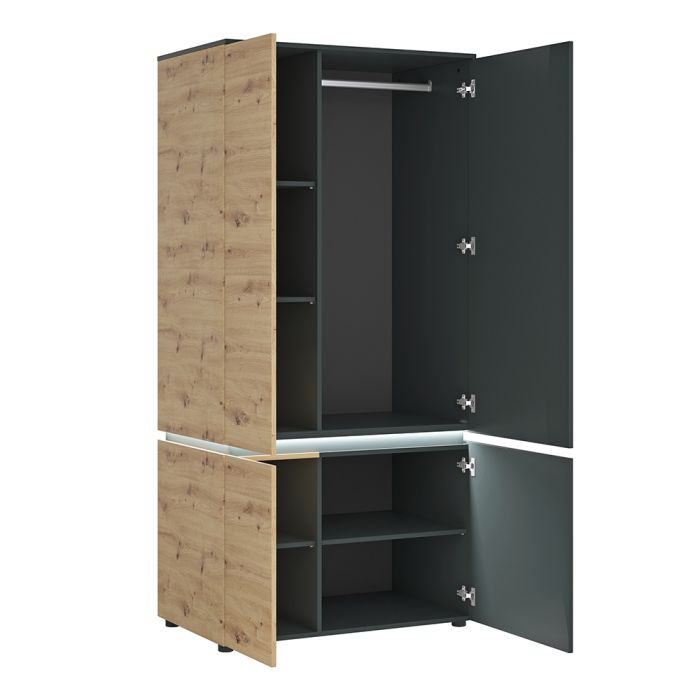 Luci 4 Door Wardrobe (including LED lighting) in Platinum and Oak - NIXO Furniture.com