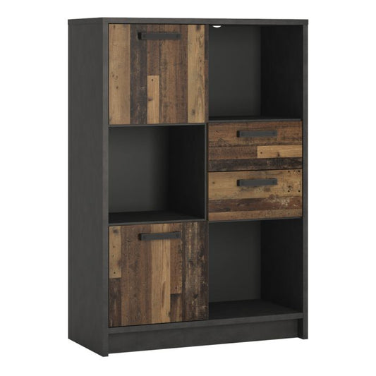 Brooklyn Low Bookcase with 2 Doors and 2 Drawers in Walnut and Dark Matera Grey - NIXO Furniture.com