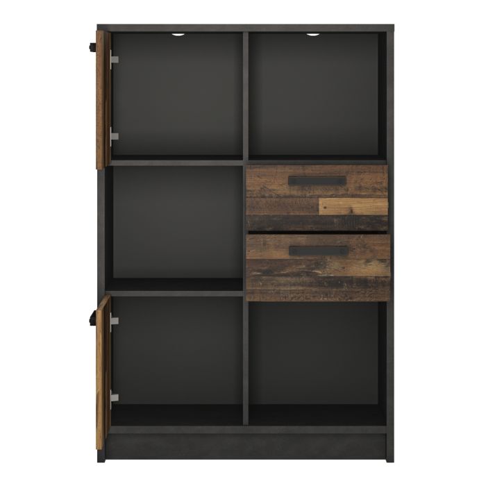 Brooklyn Low Bookcase with 2 Doors and 2 Drawers in Walnut and Dark Matera Grey - NIXO Furniture.com