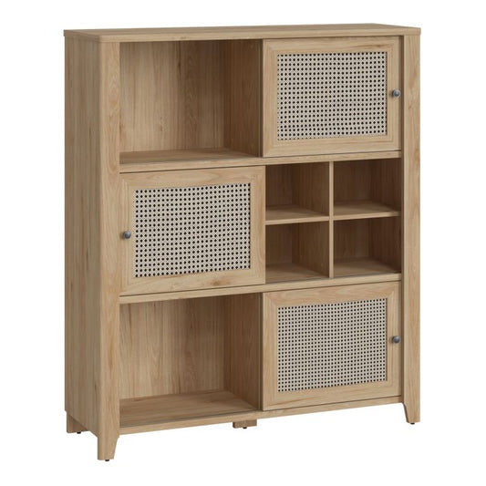 Cestino 3 Sliding Door Cabinet in Jackson Hickory Oak and Rattan Effect - NIXO Furniture.com