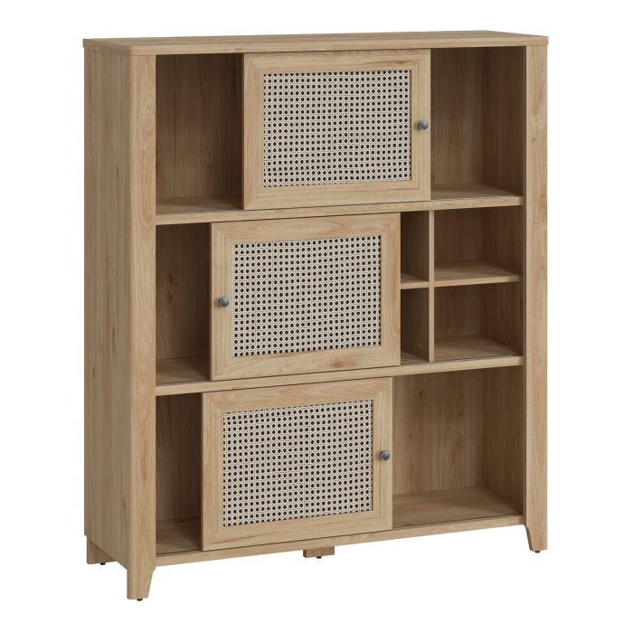 Cestino 3 Sliding Door Cabinet in Jackson Hickory Oak and Rattan Effect - NIXO Furniture.com