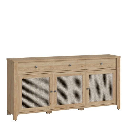 Cestino 3 Door 3 Drawer Sideboard in Jackson Hickory Oak and Rattan Effect - NIXO Furniture.com