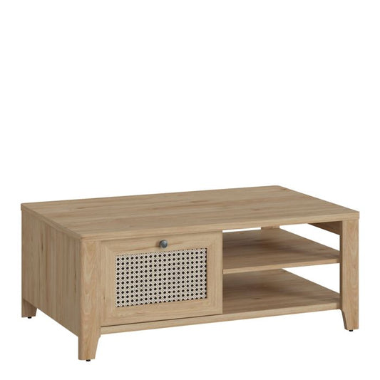 Cestino Coffee Table with 1 Drawer in Jackson Hickory Oak and Rattan Effect - NIXO Furniture.com