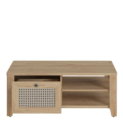 Cestino Coffee Table with 1 Drawer in Jackson Hickory Oak and Rattan Effect - NIXO Furniture.com