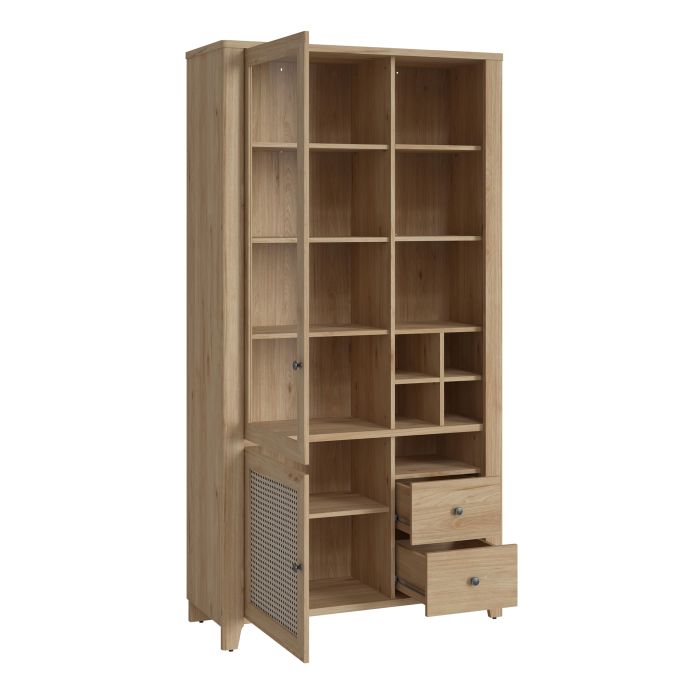 Cestino 2 Door 2 Drawer Display Cabinet in Jackson Hickory Oak and Rattan Effect - NIXO Furniture.com