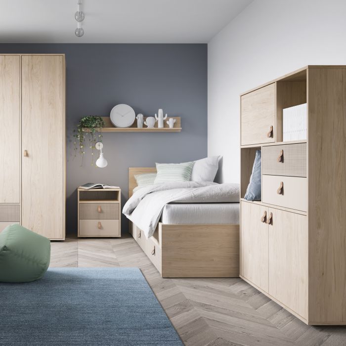 Denim 3 Door 2 Drawer Cabinet in Light Walnut, Grey Fabric Effect and Cashmere - NIXO Furniture.com