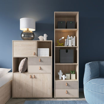 Denim 2 Drawer Bookcase in Light Walnut, Grey Fabric Effect and Cashmere - NIXO Furniture.com