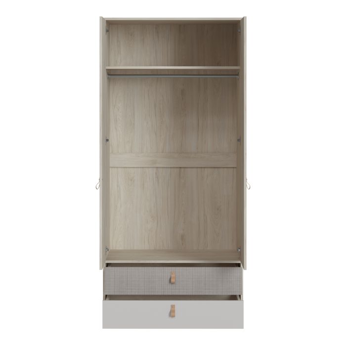 Denim 2 Door 2 Drawer Wardrobe in Light Walnut, Grey Fabric Effect and Cashmere - NIXO Furniture.com