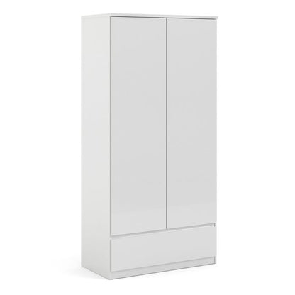 Naia Wardrobe with 2 Doors 1 Drawer in White High Gloss - NIXO Furniture.com