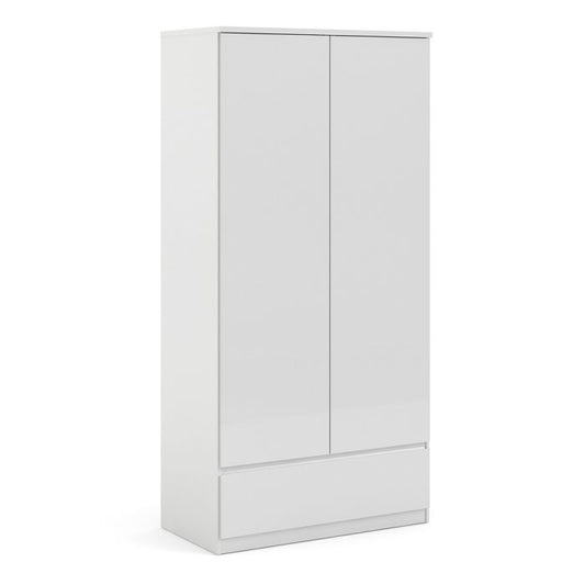 Naia Wardrobe with 2 Doors 1 Drawer in White High Gloss - NIXO Furniture.com