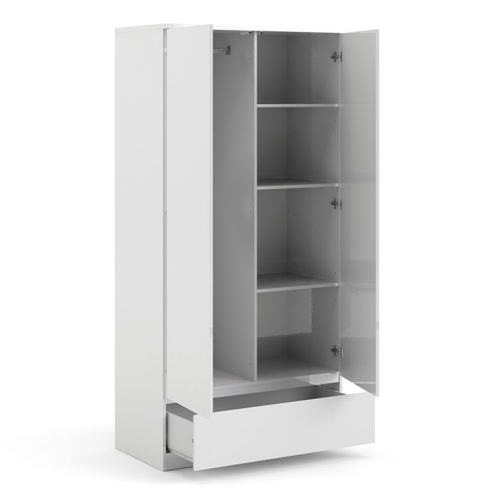 Naia Wardrobe with 2 Doors 1 Drawer in White High Gloss - NIXO Furniture.com