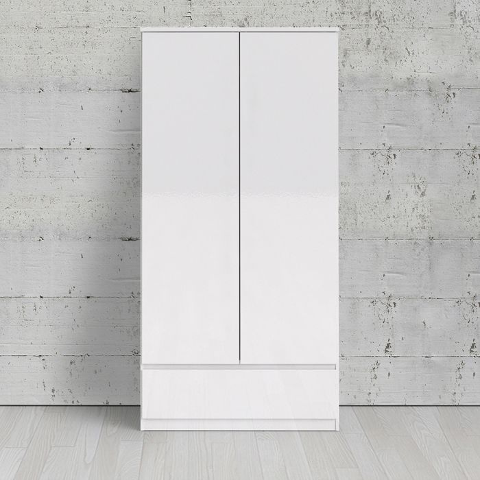 Naia Wardrobe with 2 Doors 1 Drawer in White High Gloss - NIXO Furniture.com