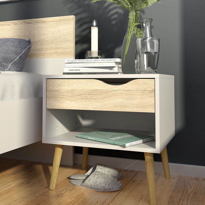 Oslo Bedside 1 Drawer in White and Oak (Package of 2.) - NIXO Furniture.com