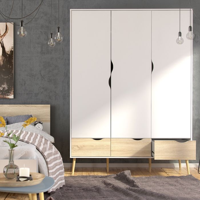 Oslo Wardrobe 3 Doors 3 Drawers in White and Oak - NIXO Furniture.com