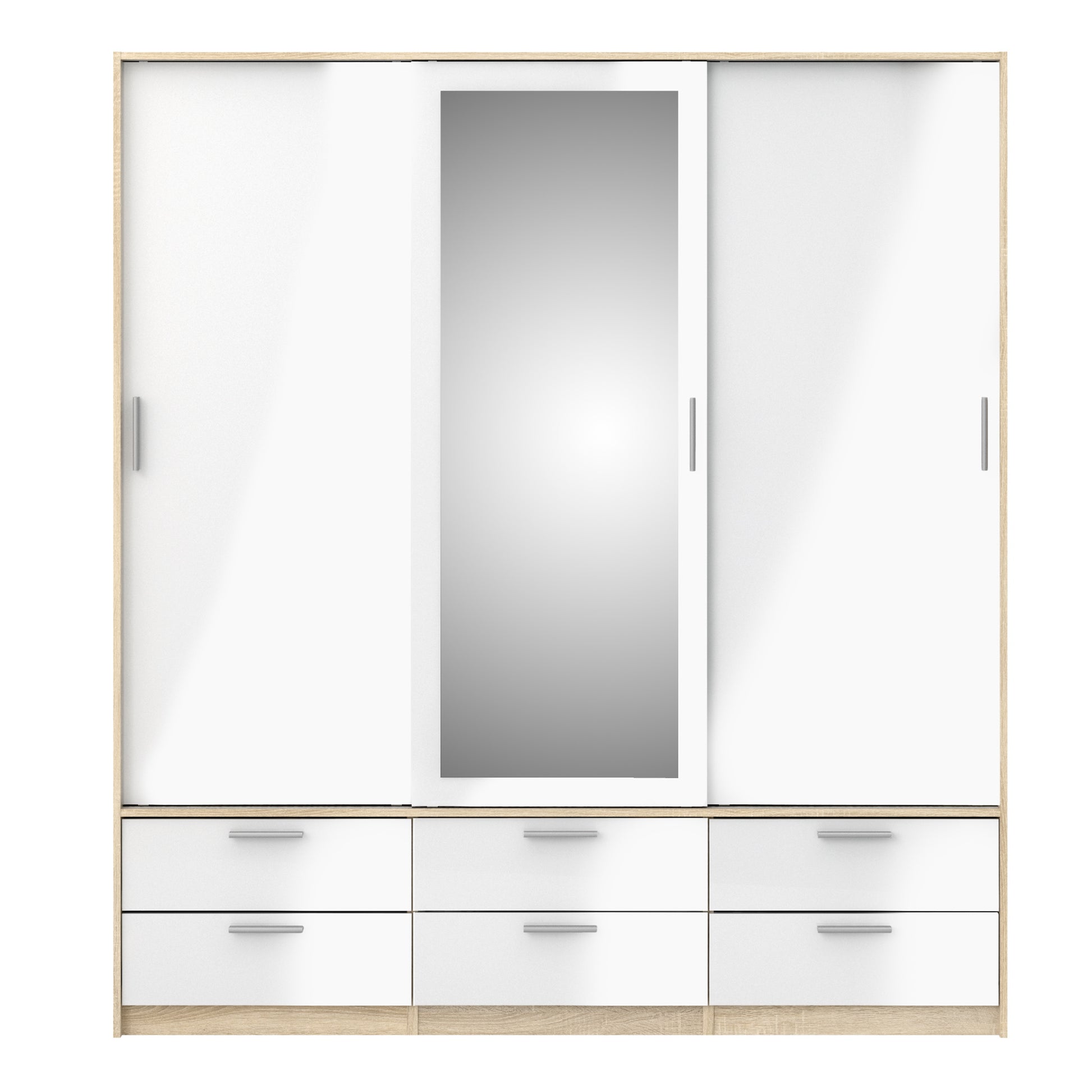 Line Wardrobe 3 Sliding Doors 6 Drawers in Oak with White High Gloss - NIXO Furniture.com