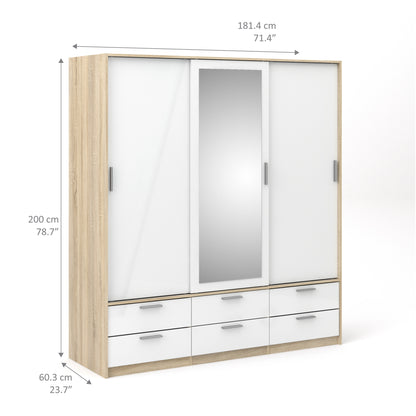 Line Wardrobe 3 Sliding Doors 6 Drawers in Oak with White High Gloss - NIXO Furniture.com