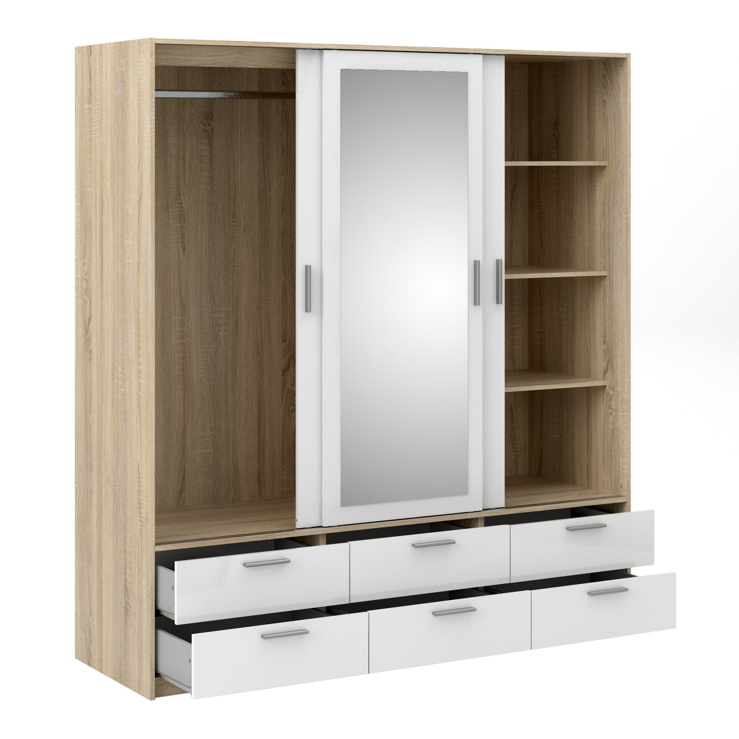 Line Wardrobe 3 Sliding Doors 6 Drawers in Oak with White High Gloss - NIXO Furniture.com