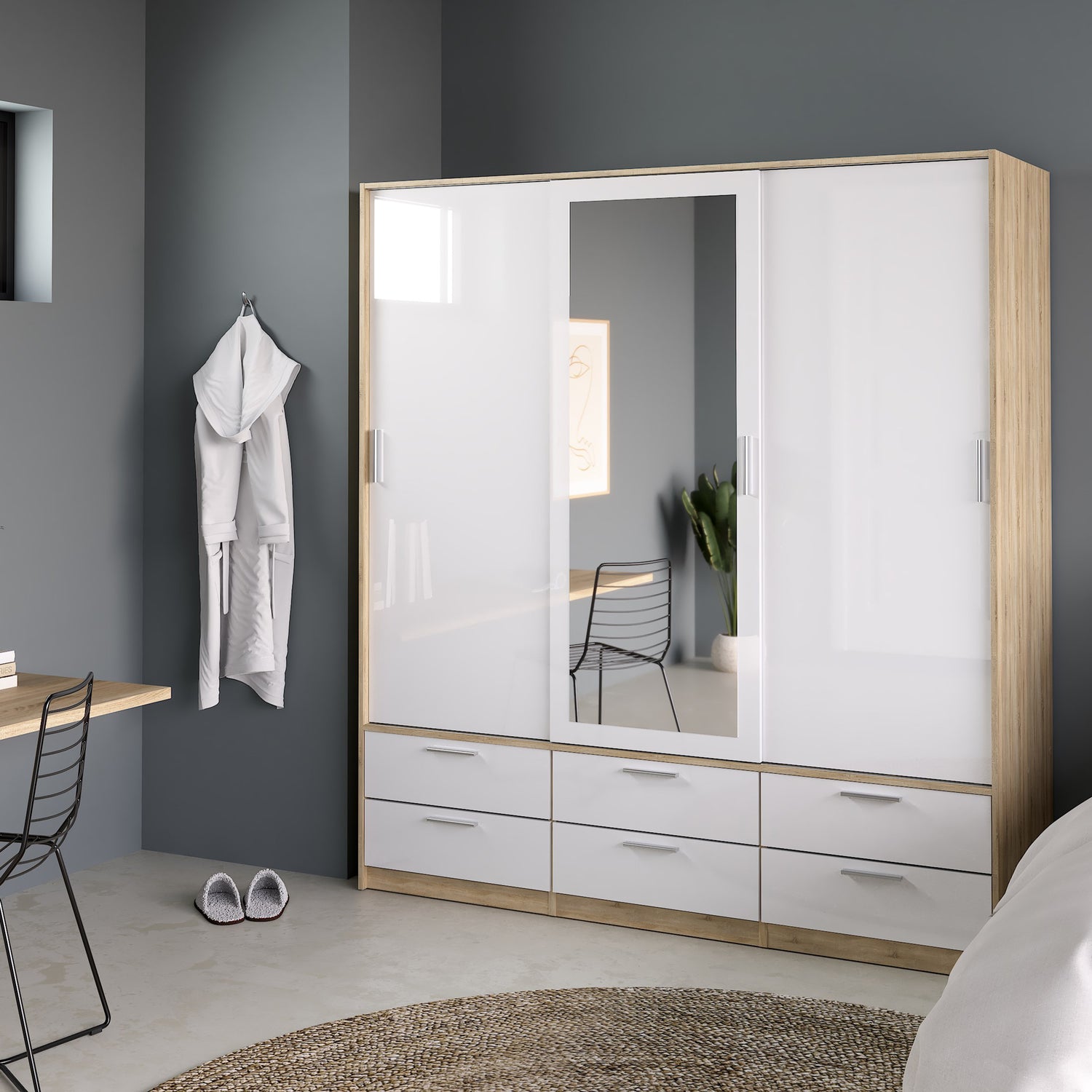 Line Wardrobe 3 Sliding Doors 6 Drawers in Oak with White High Gloss - NIXO Furniture.com