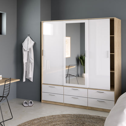 Line Wardrobe 3 Sliding Doors 6 Drawers in Oak with White High Gloss - NIXO Furniture.com