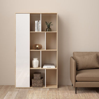 Maze Bookcase with 1 Door in Jackson Hickory and White High Gloss - NIXO Furniture.com