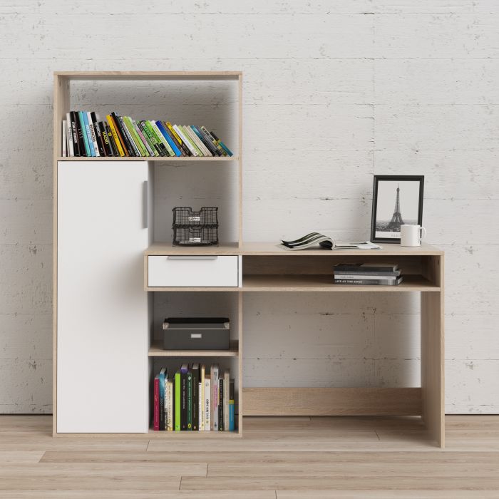 Function Plus Desk Multi Functional Desk with Drawer and 1 Door in White and Oak - NIXO Furniture.com