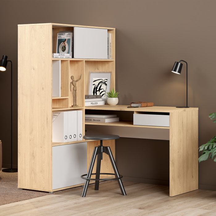 Function Plus Corner Desk with Bookcase Jackson Hickory/White - NIXO Furniture.com