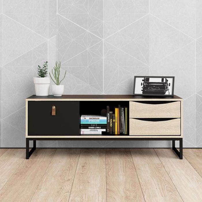 Stubbe TV Unit 1 Door 2 Drawers and Open Shelf in Matt Black Oak - NIXO Furniture.com