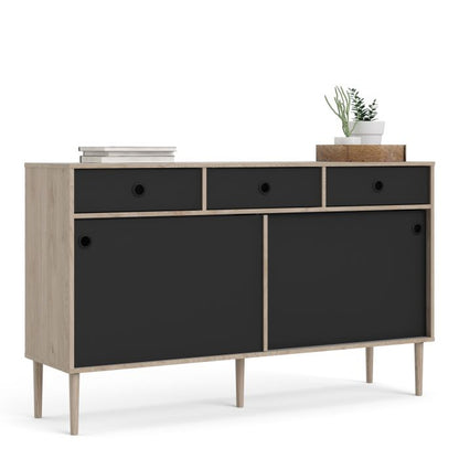 Rome Sideboard 2 Sliding Doors 3 Drawers in Jackson Hickory Oak and Matt Black - NIXO Furniture.com