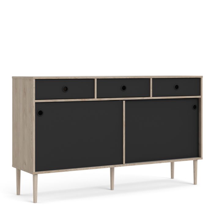 Rome Sideboard 2 Sliding Doors 3 Drawers in Jackson Hickory Oak and Matt Black - NIXO Furniture.com