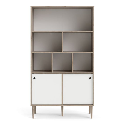 Rome Bookcase 2 Sliding Doors in Jackson Hickory Oak and Matt White - NIXO Furniture.com