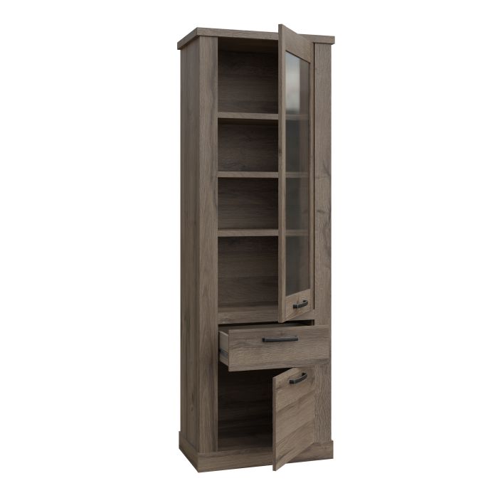 Corona 2 Door 1 Drawer 3 Shelve Narrow Display Cabinet in Tabak Oak - NIXO Furniture.com