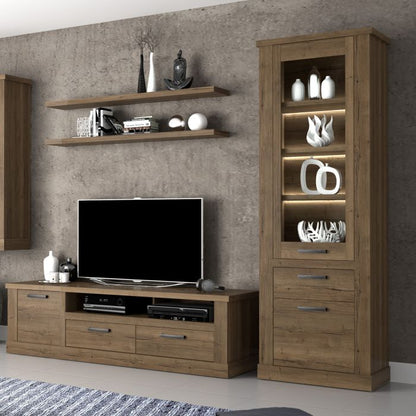 Corona 2 Door 1 Drawer 3 Shelve Narrow Display Cabinet in Tabak Oak - NIXO Furniture.com