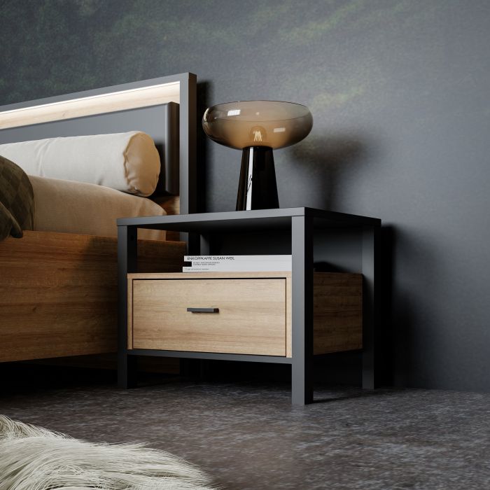 High Rock Bedside in Matt Black/Riviera Oak - NIXO Furniture.com