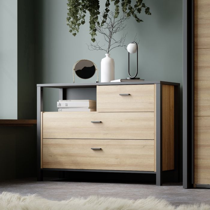 High Rock Chest of 3 Drawers in Matt Black/Riviera Oak - NIXO Furniture.com