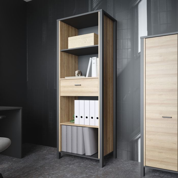 High Rock Narrow Shelf Unit in Matt Black/Riviera Oak - NIXO Furniture.com