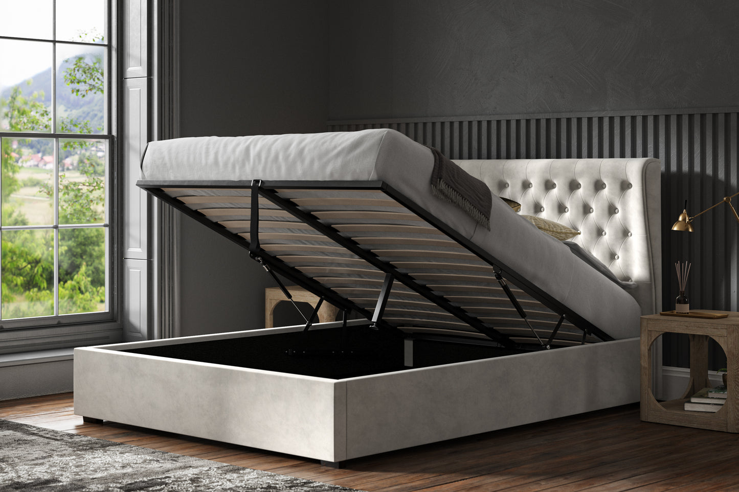 Hampstead Ottoman Lift-up Storage Light Grey Velvet Bed - NIXO Furniture.com