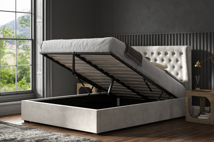 Hampstead Ottoman Lift-up Storage Light Grey Velvet Bed - NIXO Furniture.com