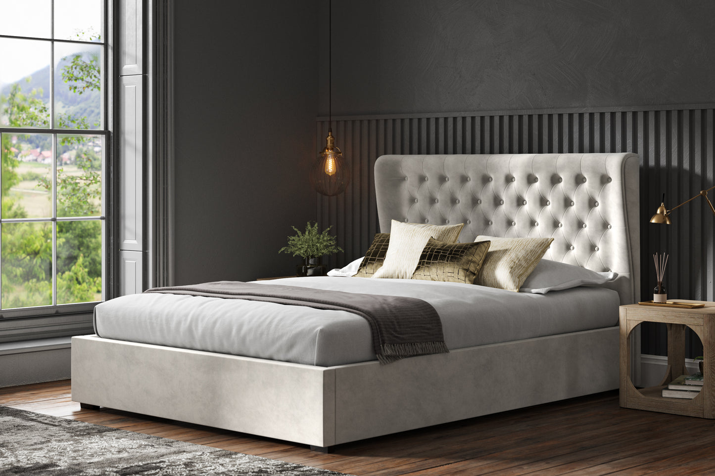 Hampstead Ottoman Lift-up Storage Light Grey Velvet Bed - NIXO Furniture.com