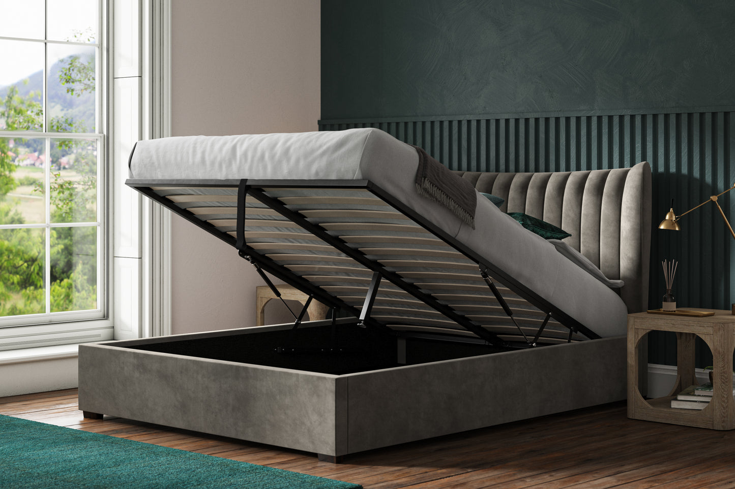 Harcourt Velvet Ottoman Lift-up Storage bed - NIXO Furniture.com